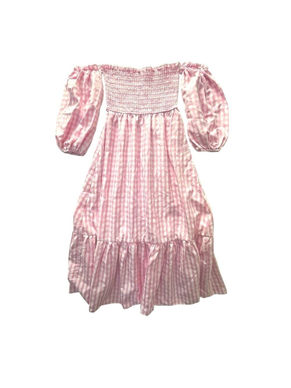 Pink Gingham Smocked Off Shoulder Cottagecore Dress XS